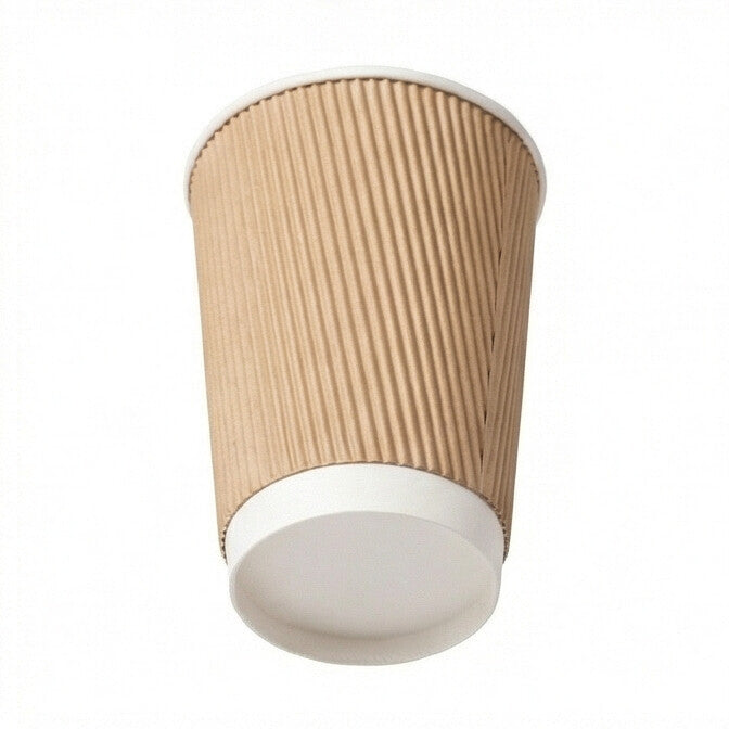 16oz kraft ripple wall paper cup tilted to show the white base band and flat base circle, vertical ripple body on white