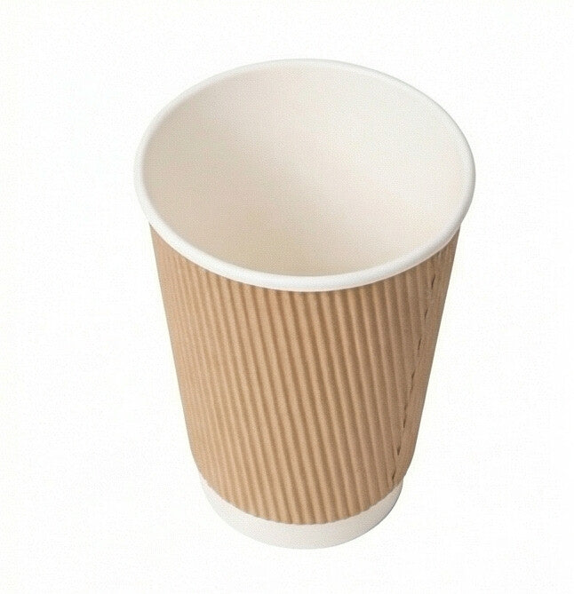 16oz Kraft Ripple Wall Paper Cup from three-quarter above, showing the open interior and vertical ripple texture on white