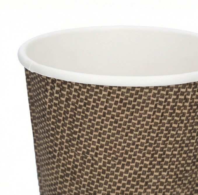 Close-up of the white rolled rim and upper woven texture of a 16oz VIP Ripple Wall Paper Cup, white background