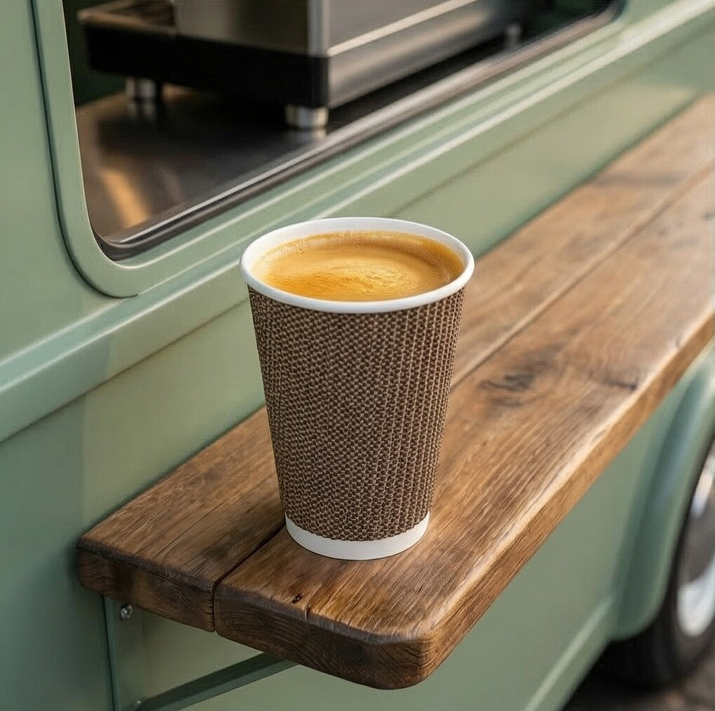 16oz VIP Ripple Wall Paper Cup filled with frothy coffee on wooden shelf of sage green coffee van, espresso machine behind