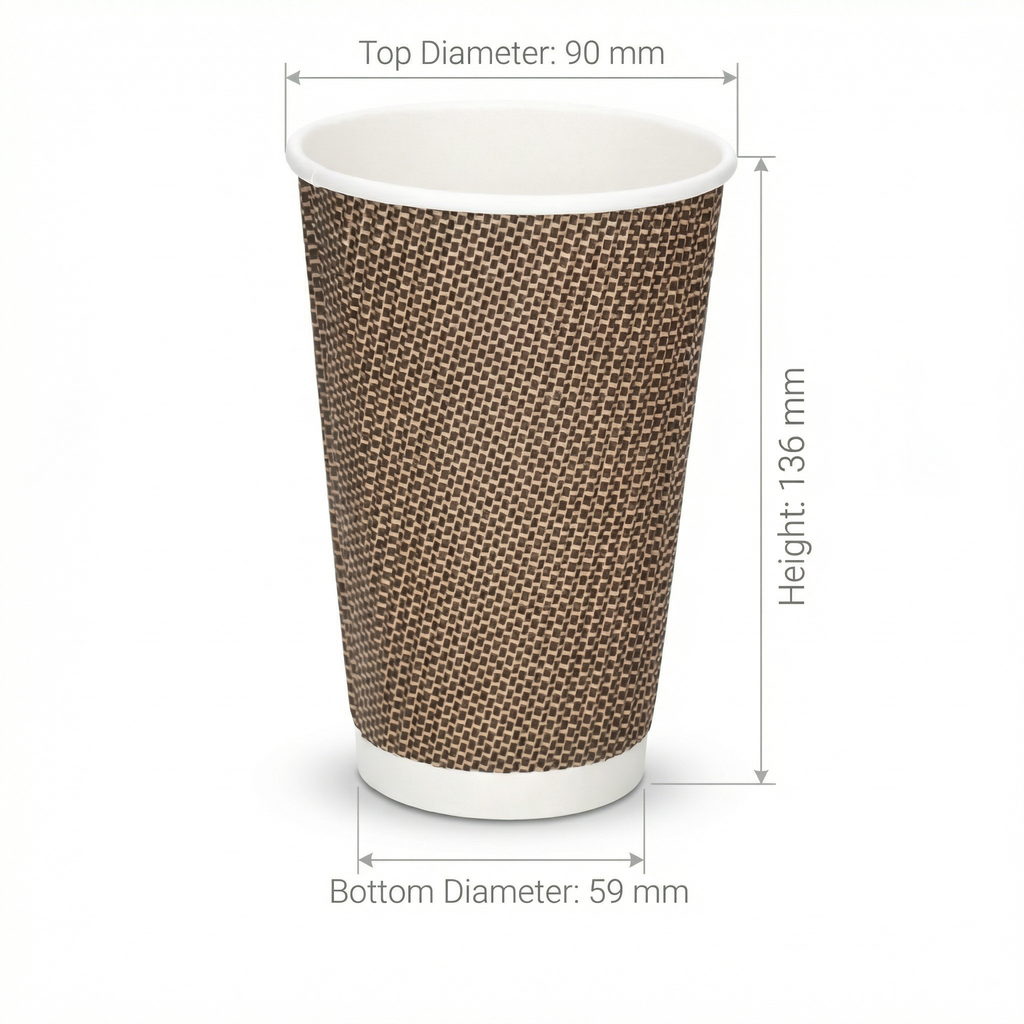 Dimensions diagram for the 16oz VIP Ripple Wall Paper Cup: 90 mm top diameter, 59 mm base, 136 mm height