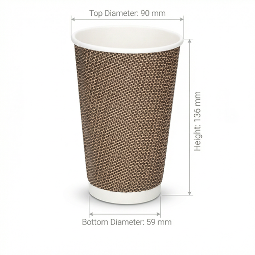 Dimensions diagram for the 16oz VIP Ripple Wall Paper Cup: 90 mm top diameter, 59 mm base, 136 mm height