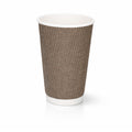 16oz VIP Ripple Wall Paper Cup on white, tall dark brown woven texture exterior, white rim and base band, subtle shadow
