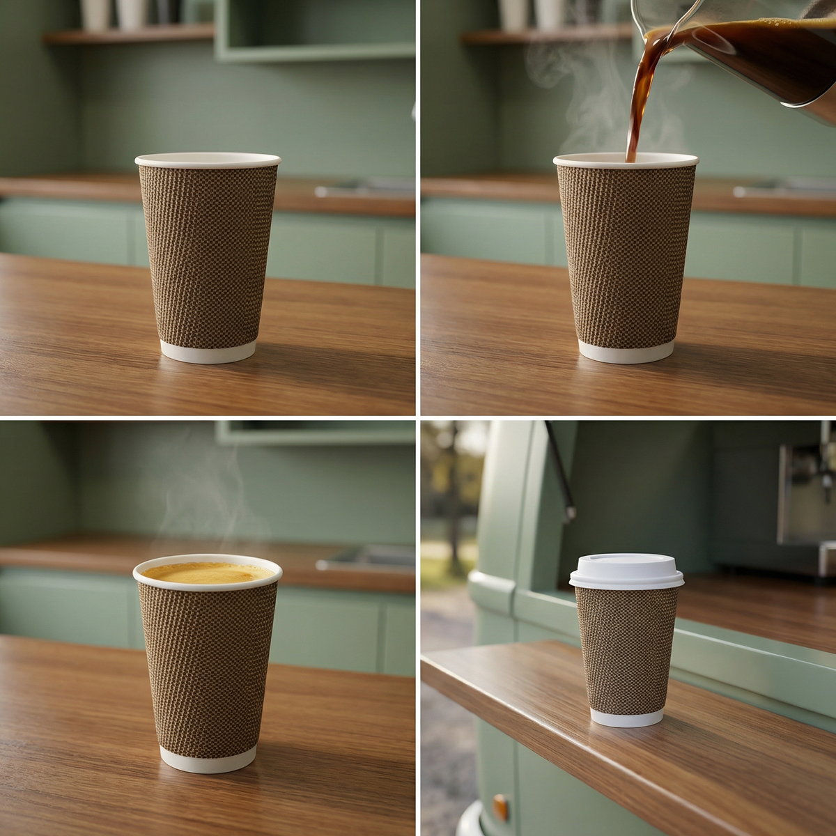 Four-panel collage: empty cup on café counter, coffee poured from jug, steaming on counter, lidded on van shelf