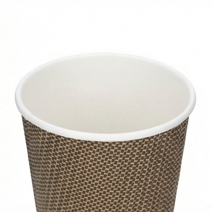 Overhead view into the open interior of a 16oz VIP Ripple Wall Paper Cup, smooth white inner wall, woven rim visible