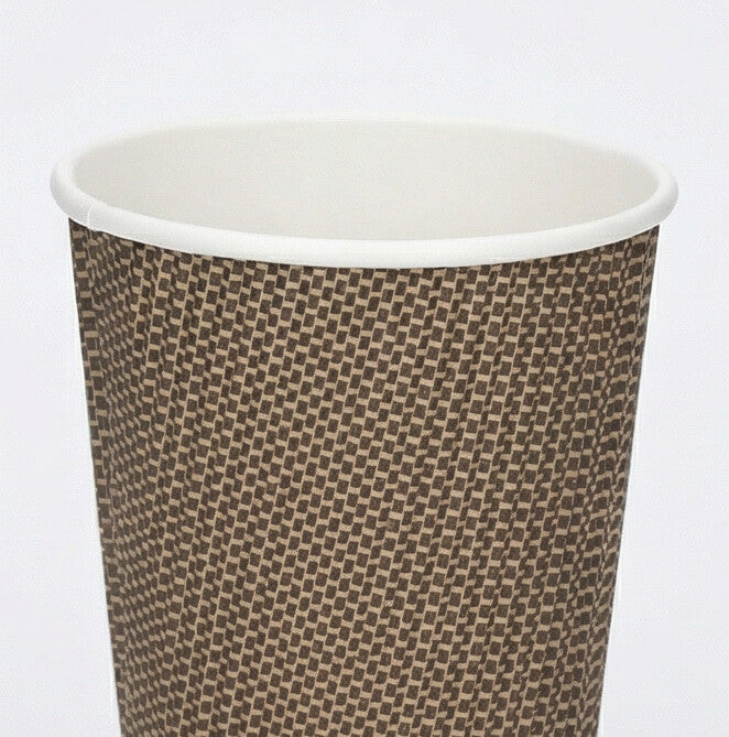 Front close-up of the full woven texture exterior and white rim of a tall 16oz VIP Ripple Wall Paper Cup, light grey