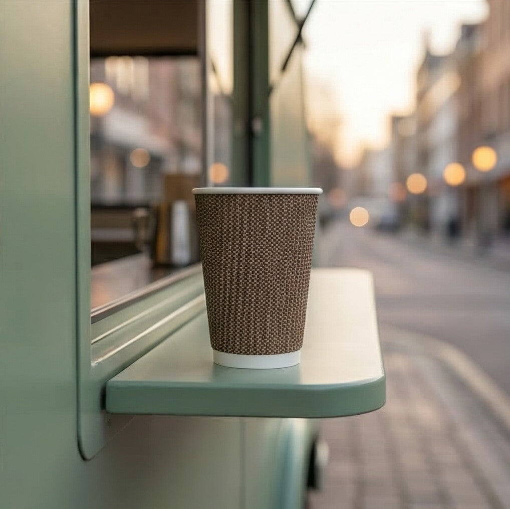 Empty 16oz VIP Ripple Wall Paper Cup on sage green bracket shelf of coffee van exterior, blurred city street behind