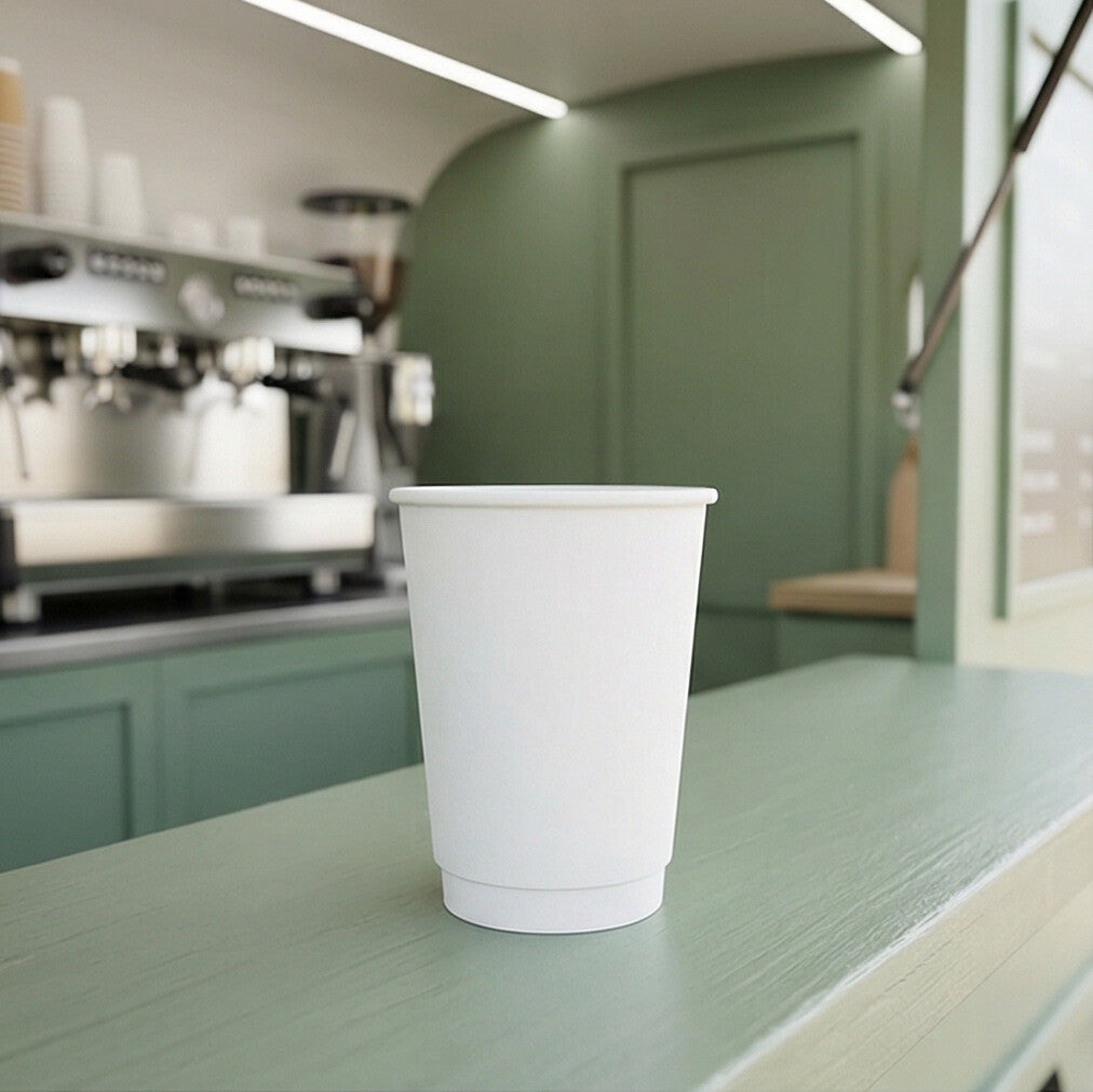 Empty 16oz White Double Wall Paper Cup on a sage green café counter, large espresso machine and arched bar interior behind