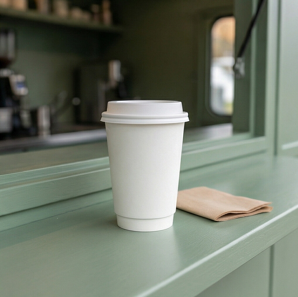 16oz White Double Wall Paper Cup with a white lid on a sage green coffee van counter, brown napkin beside and bar behind
