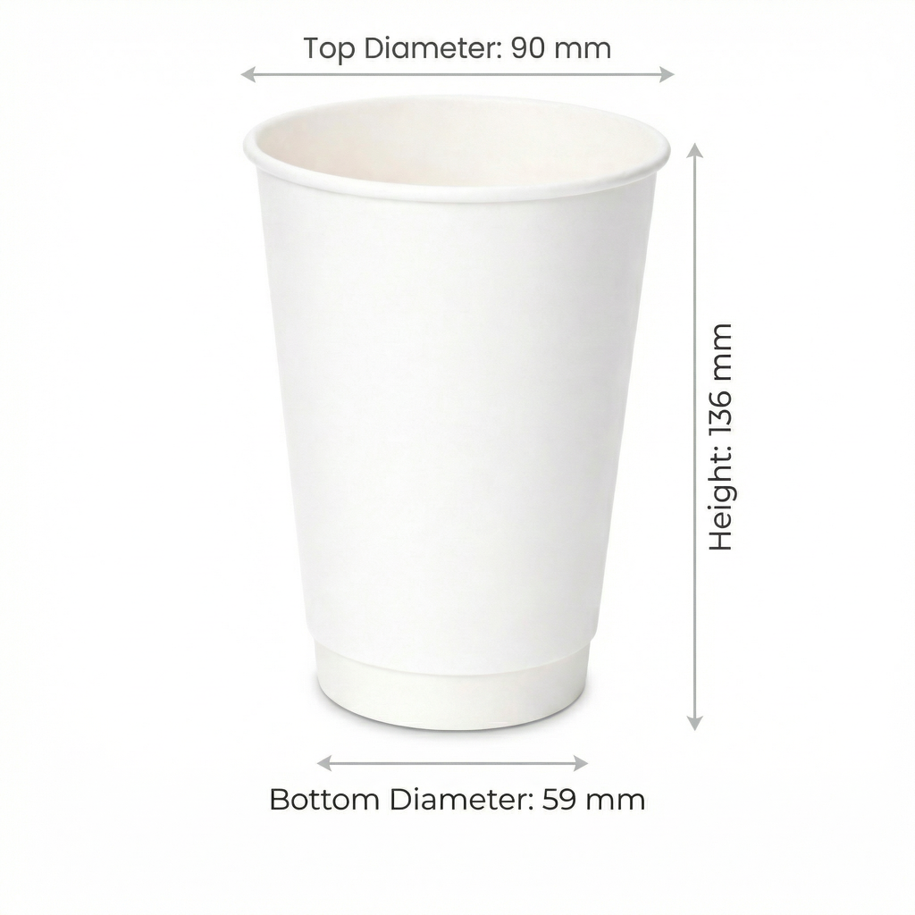 Dimensions diagram for the 16oz White Double Wall Paper Cup: 90 mm top diameter, 59 mm base, 136 mm height, white background