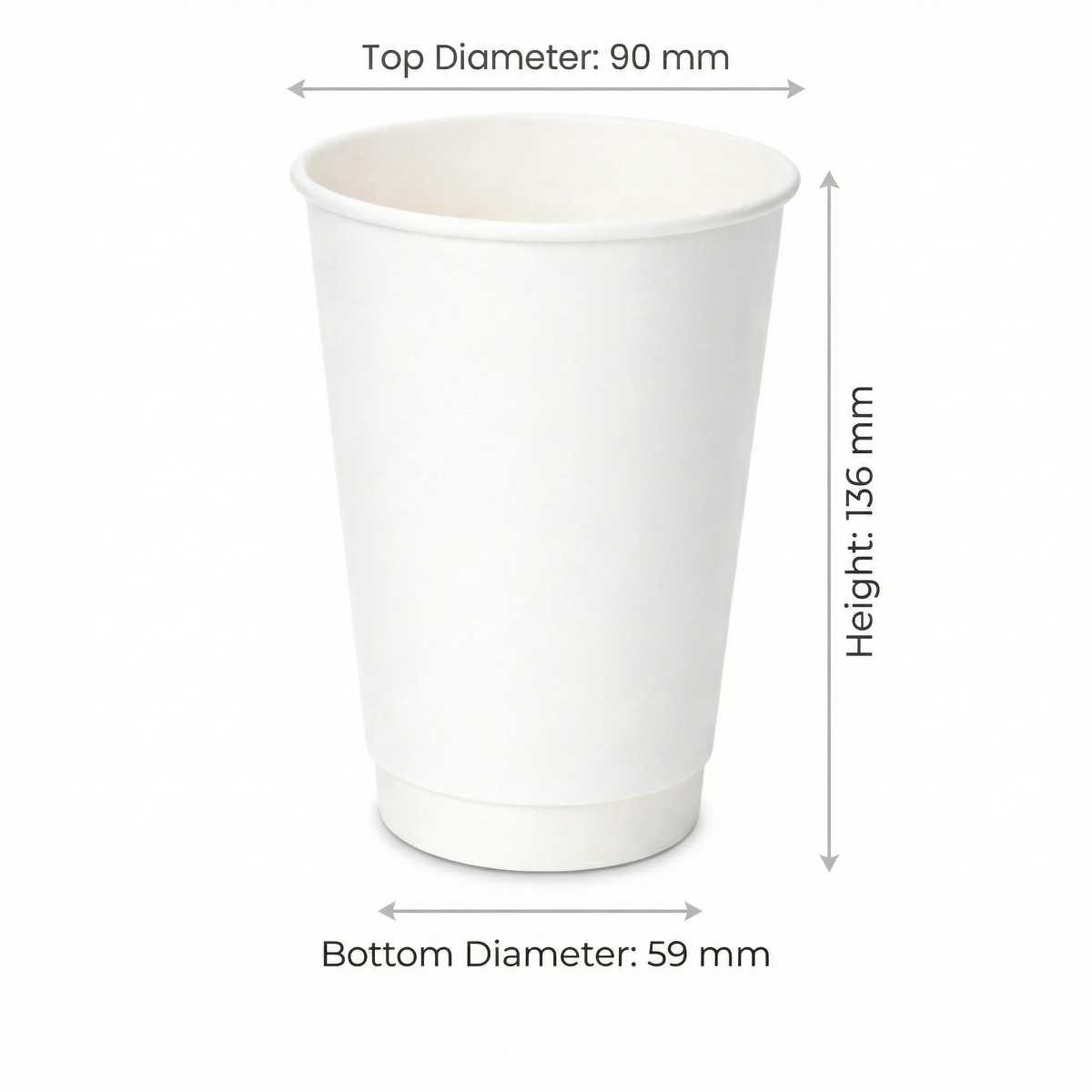 Dimensions diagram for the 16oz White Double Wall Paper Cup: 90 mm top diameter, 59 mm base, 136 mm height, white background