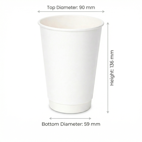 Dimensions diagram for the 16oz White Double Wall Paper Cup: 90 mm top diameter, 59 mm base, 136 mm height, white background