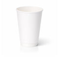 16oz White Double Wall Paper Cup centred on white, tall smooth white exterior and double-wall base band, subtle shadow