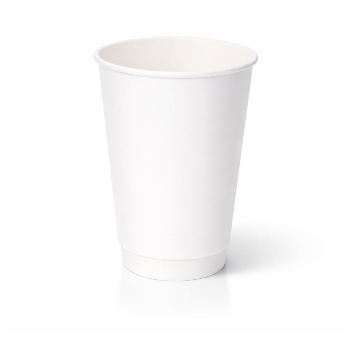16oz White Double Wall Paper Cup centred on white, tall smooth white exterior and double-wall base band, subtle shadow