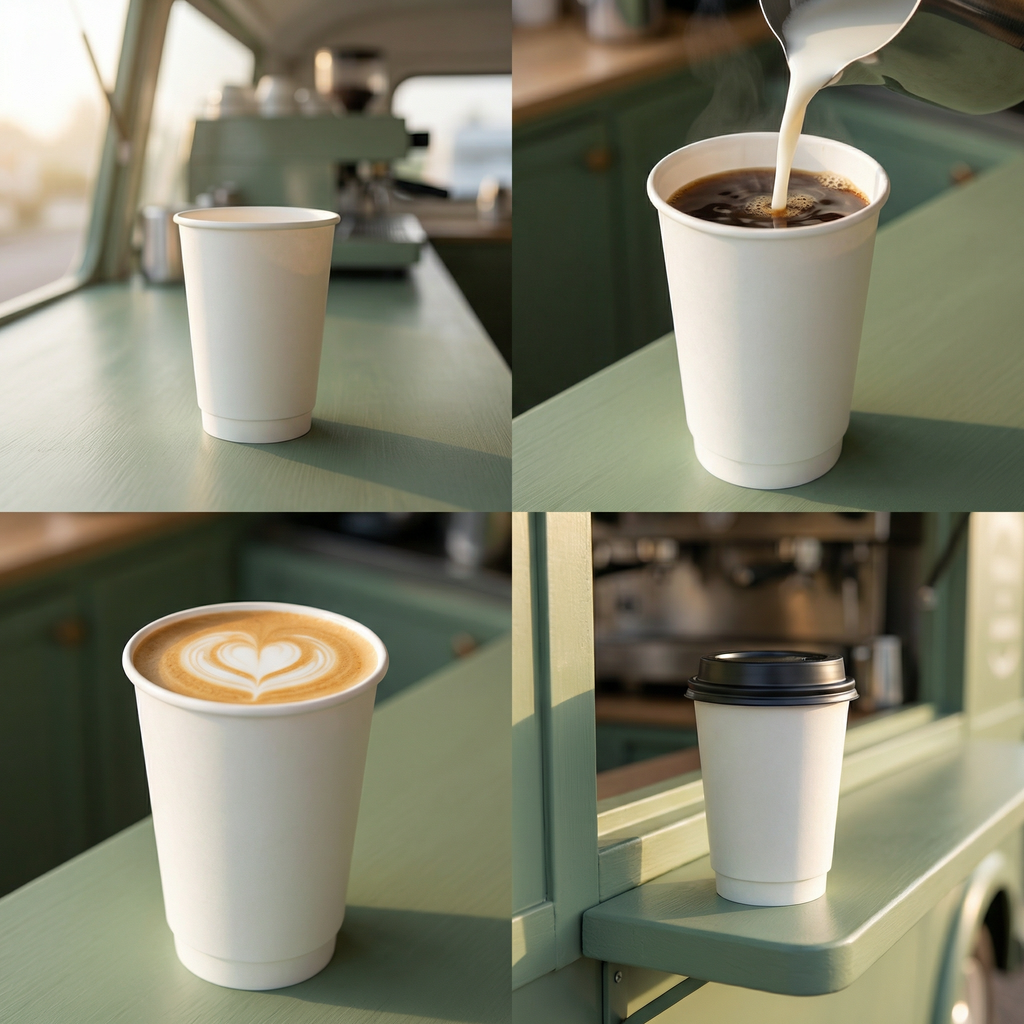 Four-panel collage: white 16oz cup on van counter, milk poured in, latte art heart top-down, and lidded on van shelf