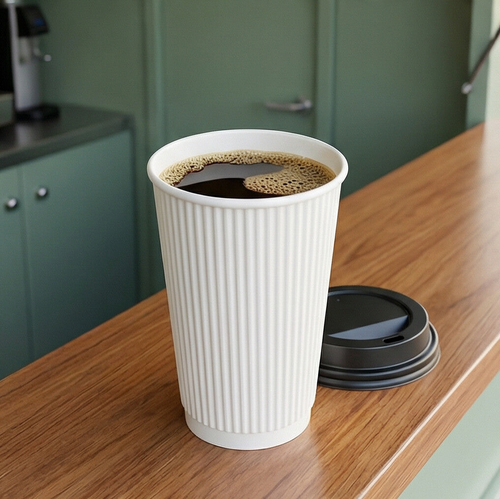 16oz White Ripple Wall Paper Cup filled with black coffee on wooden van counter, black lid resting beside it
