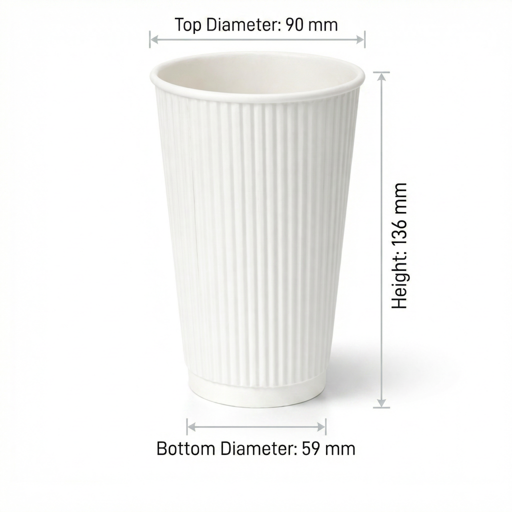 Dimensions diagram for the 16oz White Ripple Wall Paper Cup: 90 mm top diameter, 59 mm base, 136 mm height