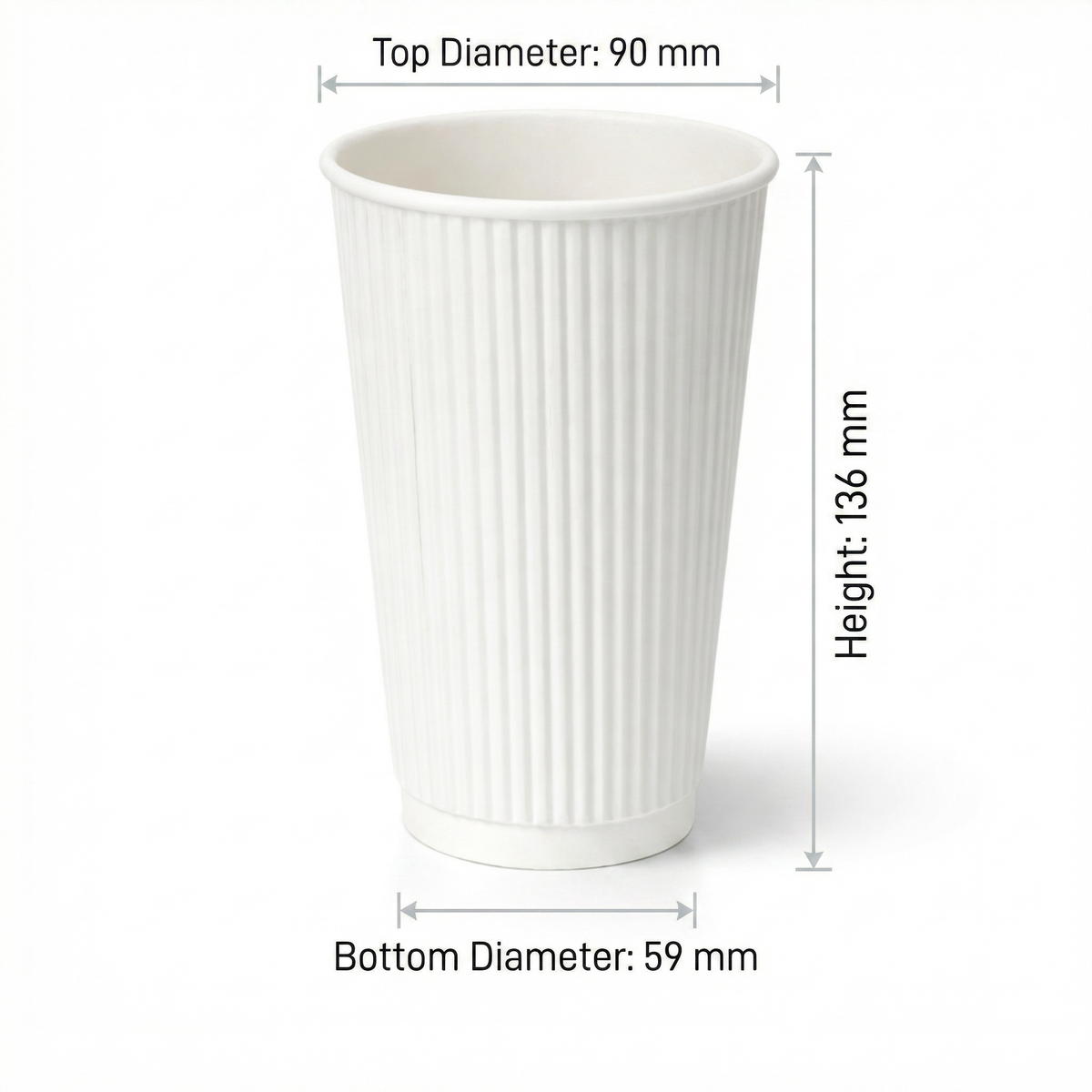 Dimensions diagram for the 16oz White Ripple Wall Paper Cup: 90 mm top diameter, 59 mm base, 136 mm height