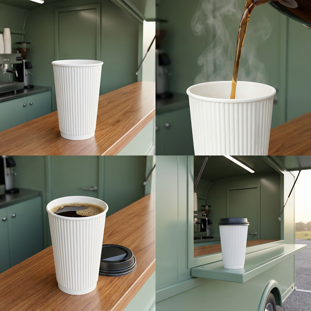 Four-panel collage: empty cup on van counter, coffee poured steaming, lidded with black coffee, lidded on van exterior