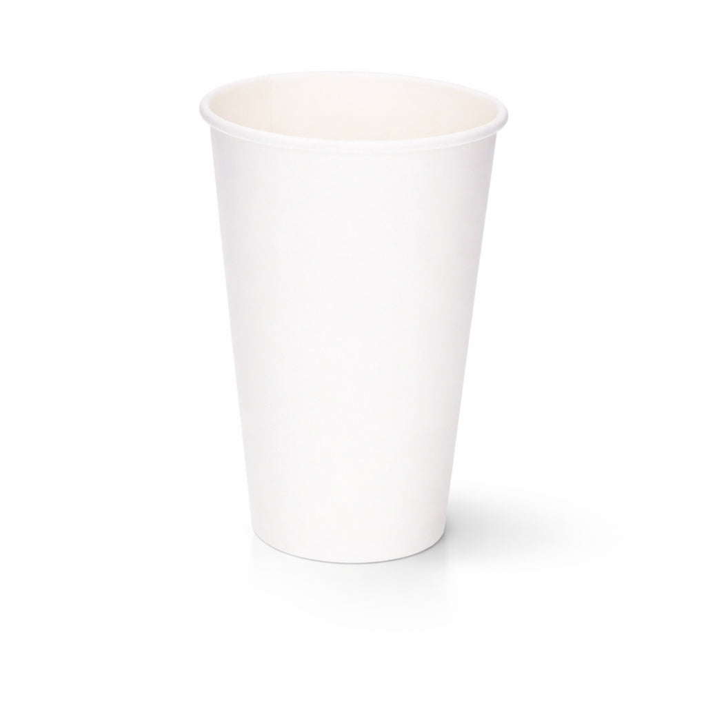 16oz White Single Wall Paper Cup centred on a plain white background, subtle shadow beneath showing the tall tapered body