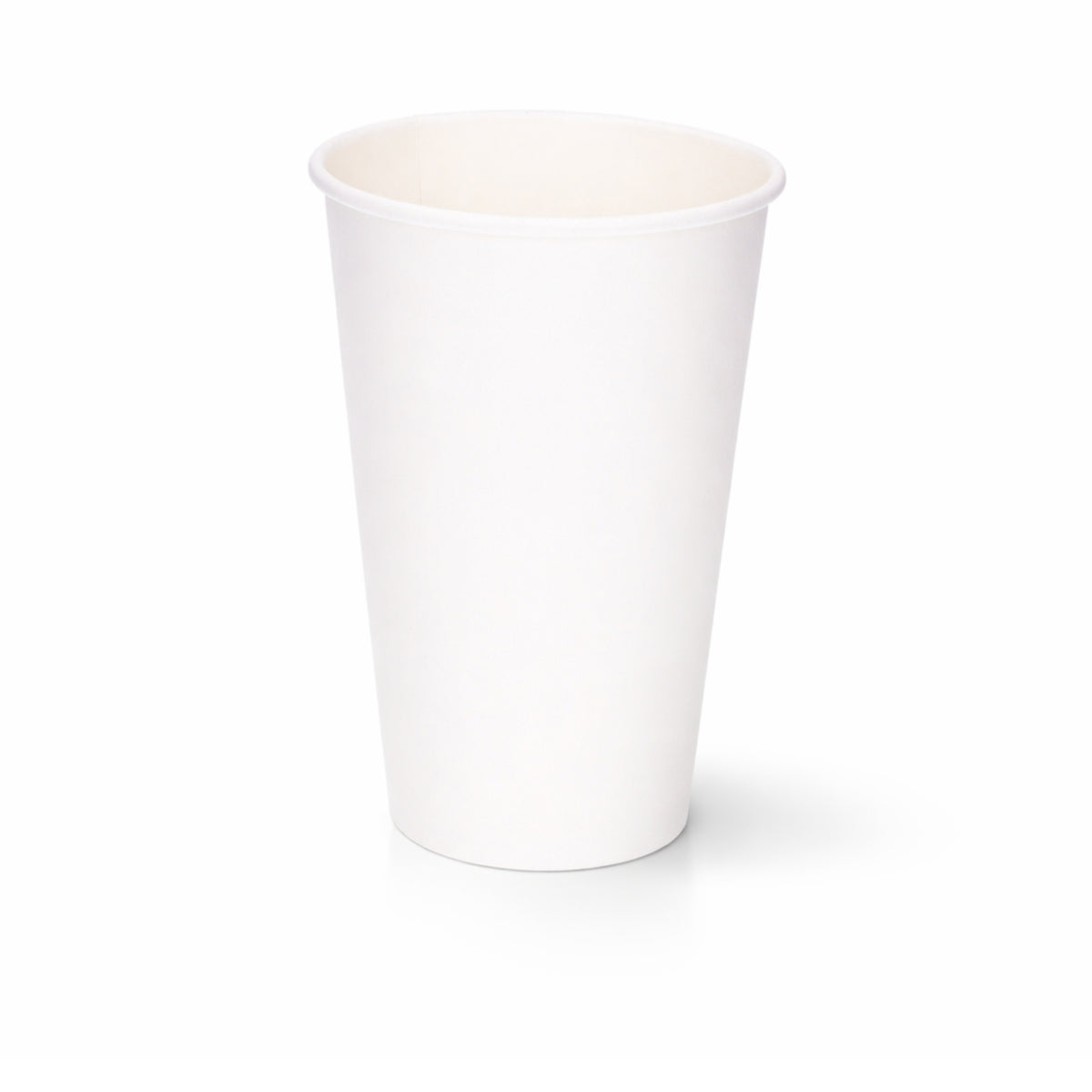 16oz White Single Wall Paper Cup centred on a plain white background, subtle shadow beneath showing the tall tapered body