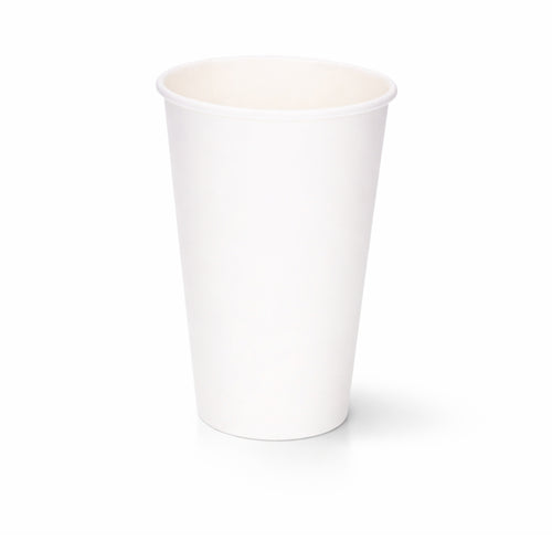 16oz White Single Wall Paper Cup centred on a plain white background, subtle shadow beneath showing the tall tapered body