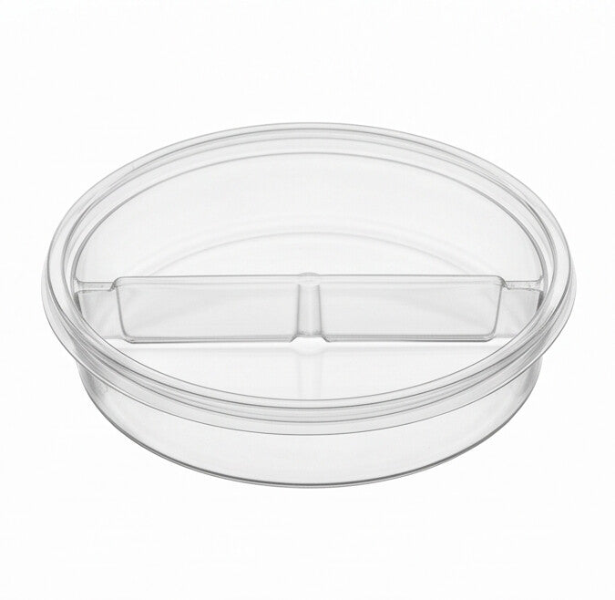 Clear round 2-compartment insert at a front angle, highlighting the two divided sections and the transparent rim