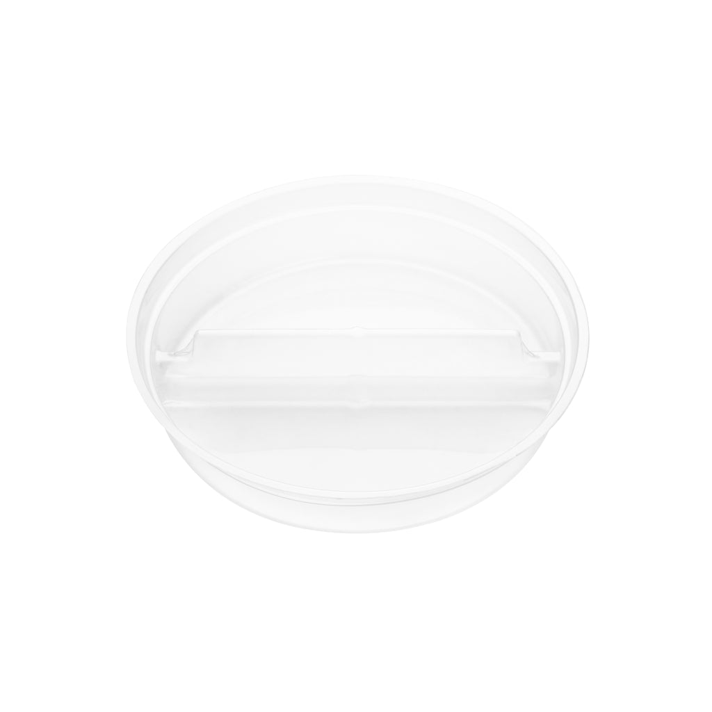 Clear round 2-compartment insert shown at a three-quarter angle, revealing both compartments and the dividing wall.