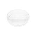 Clear round 2-compartment insert shown at a three-quarter angle, revealing both compartments and the dividing wall.