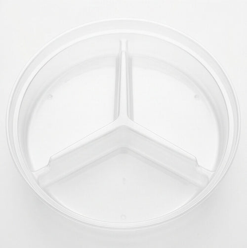 Clear round 3-compartment insert showing the frosted underside with the three-way divider and rolled rim.