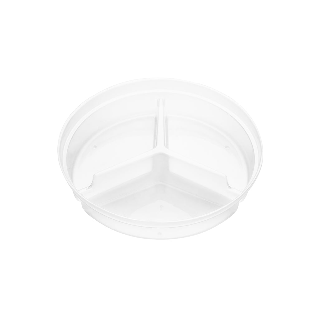 Clear round 3-compartment insert shown at a three-quarter angle, revealing all three compartments and the central divider