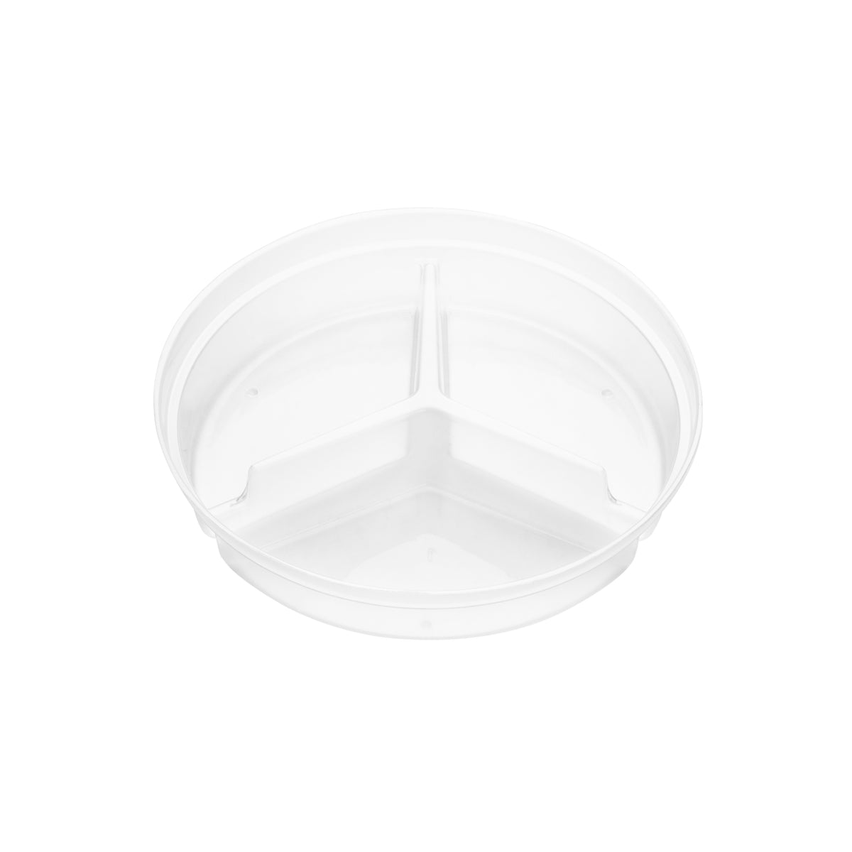 Clear round 3-compartment insert shown at a three-quarter angle, revealing all three compartments and the central divider