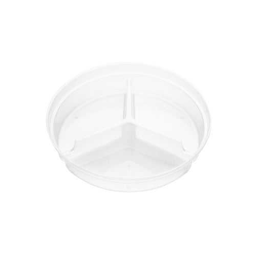 Clear round 3-compartment insert shown at a three-quarter angle, revealing all three compartments and the central divider