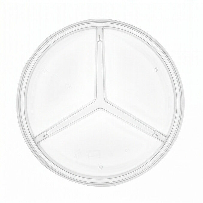 Clear round 3-compartment insert viewed from directly above, showing the Y-shaped divider splitting the tray into three equal sections on a white background