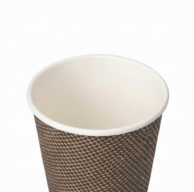 Close-up from above of the white rolled rim and interior of an empty 4oz VIP Ripple Wall Paper Cup, white background