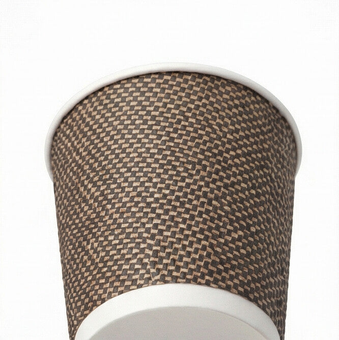 Close-up of the dark brown woven texture exterior and white rim of a 4oz VIP Ripple Wall Paper Cup, white background