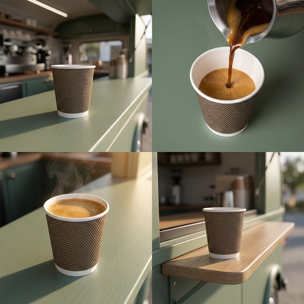 Four-panel collage: empty cup on van counter, espresso poured from steel jug, steaming on counter, on van exterior shelf