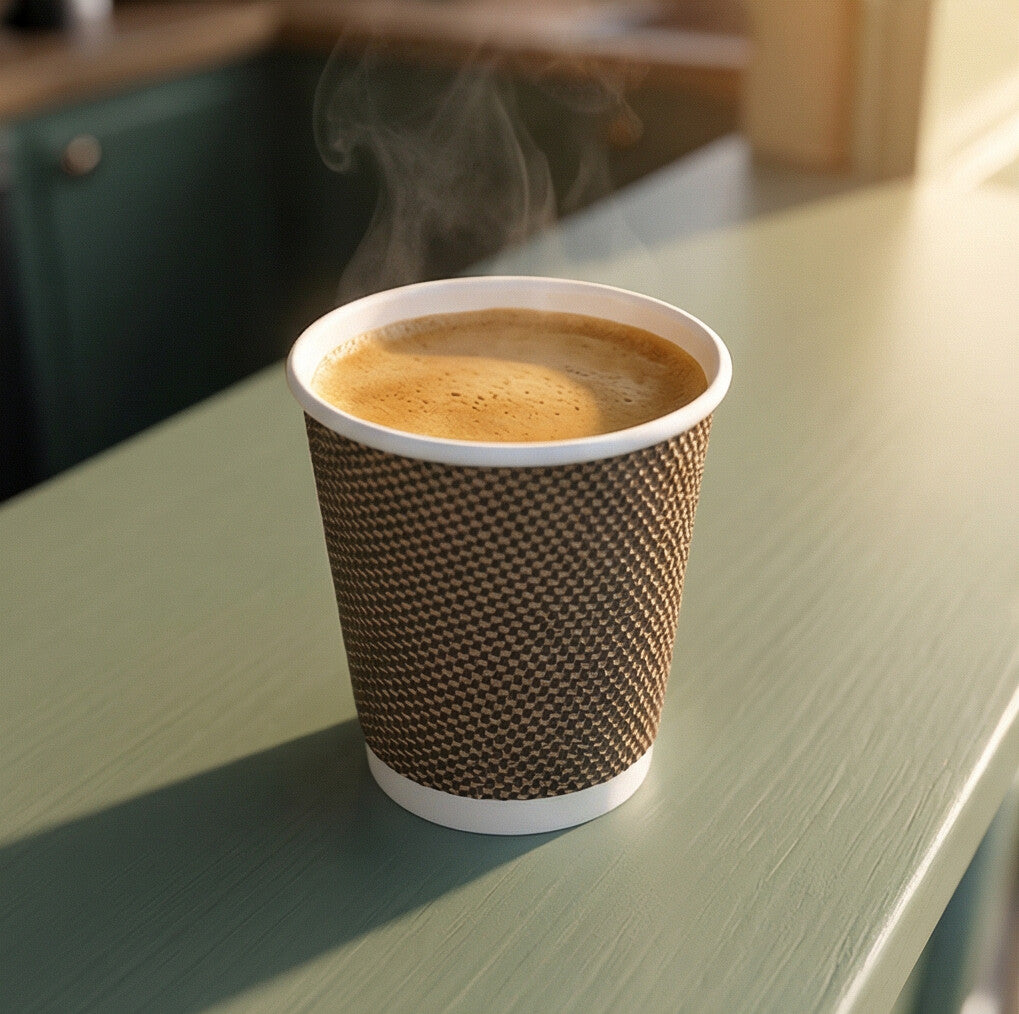 4oz VIP Ripple Wall Paper Cup with steaming espresso on sage green café counter, warm sunlight from window behind