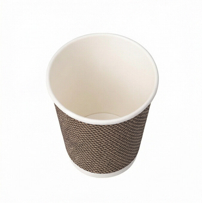 Three-quarter above view of an empty 4oz VIP Ripple Wall Paper Cup showing the interior and woven texture exterior