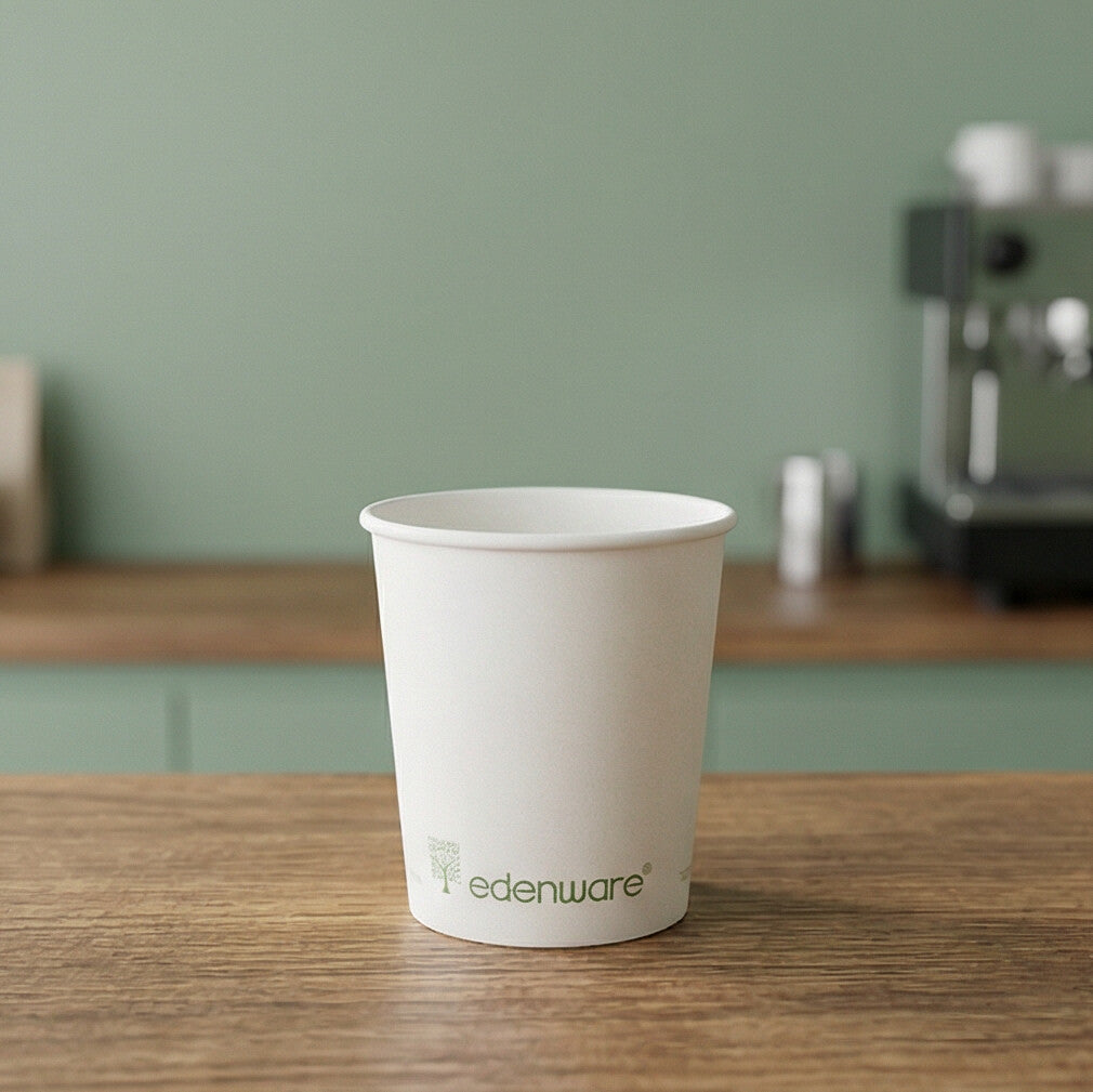 4oz White Compostable Single Wall Paper Cup on wooden café counter, espresso machine visible behind on sage green wall