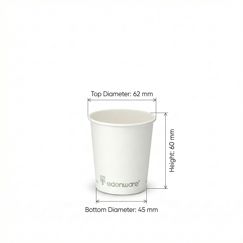 Dimensions diagram for the 4oz White Compostable Single Wall Paper Cup: 62 mm top diameter, 45 mm base, 60 mm height