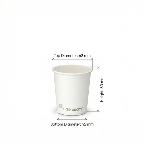 Dimensions diagram for the 4oz White Compostable Single Wall Paper Cup: 62 mm top diameter, 45 mm base, 60 mm height