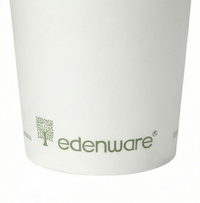 Close-up of the edenware green tree logo and branding on a 4oz White Compostable Single Wall Paper Cup exterior