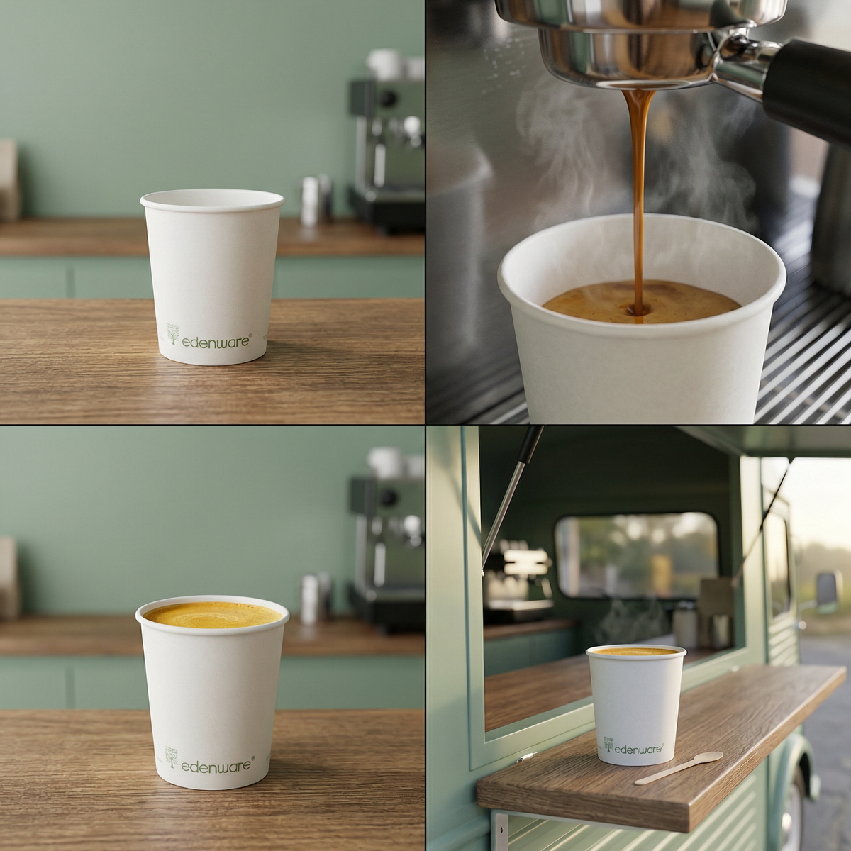 Four-panel collage: empty cup on café counter, espresso poured from portafilter, filled on counter, on van shelf