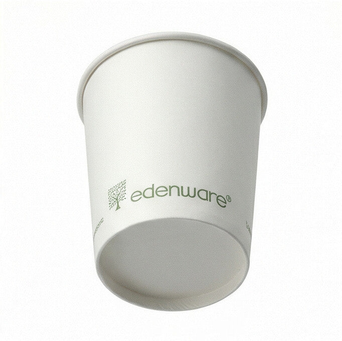 4oz white compostable single wall paper cup tilted showing base ring and edenware logo from low angle, white background
