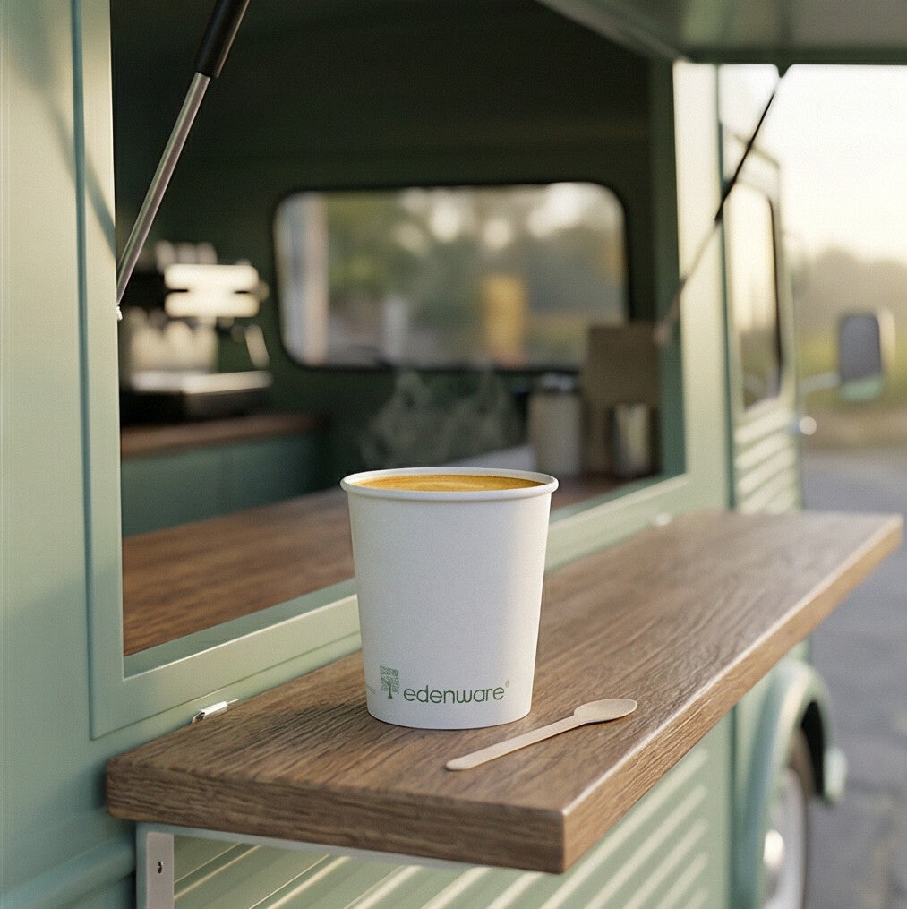 4oz White Compostable Single Wall Paper Cup with steaming espresso on sage green coffee van shelf, wooden stirrer beside