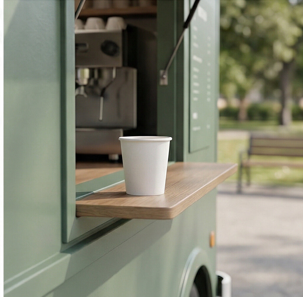 White single wall paper cup resting on the wooden counter shelf of a sage green coffee van, espresso machine visible behind