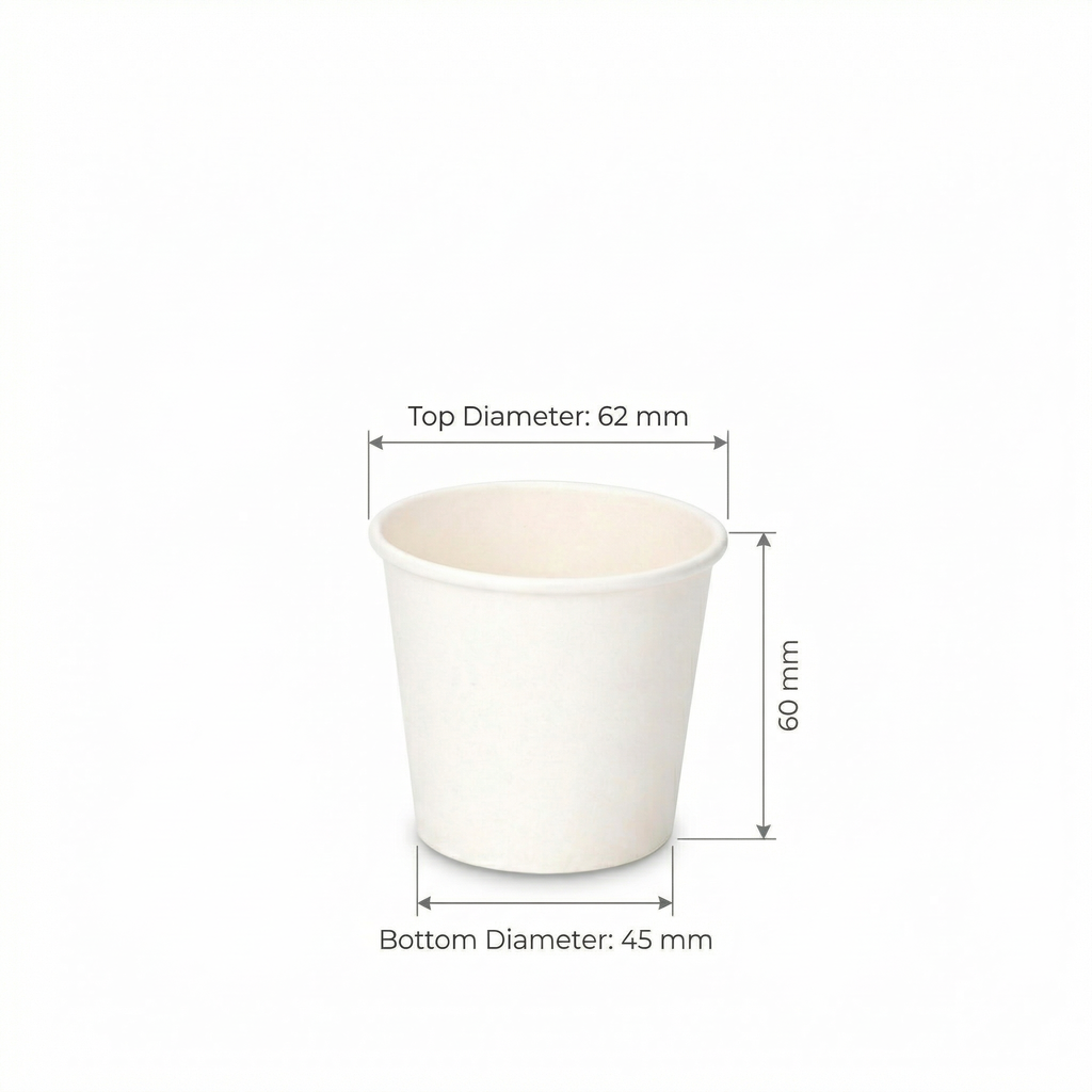 Dimensions diagram showing the 4oz white paper cup with labelled measurements: 62 mm top, 45 mm base, 60 mm height