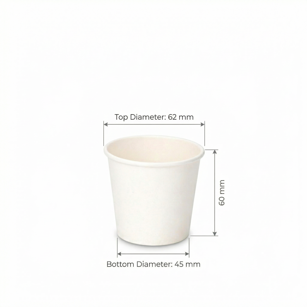 Dimensions diagram showing the 4oz white paper cup with labelled measurements: 62 mm top, 45 mm base, 60 mm height