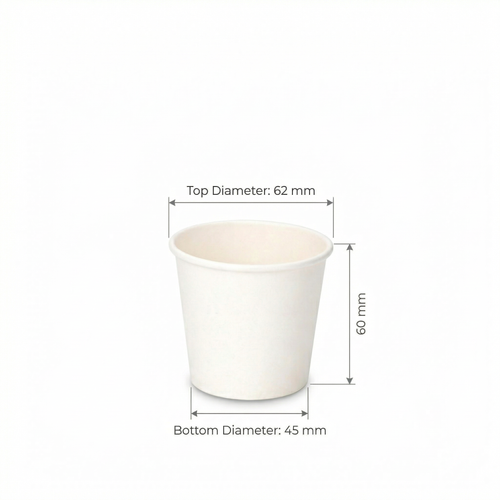 Dimensions diagram showing the 4oz white paper cup with labelled measurements: 62 mm top, 45 mm base, 60 mm height